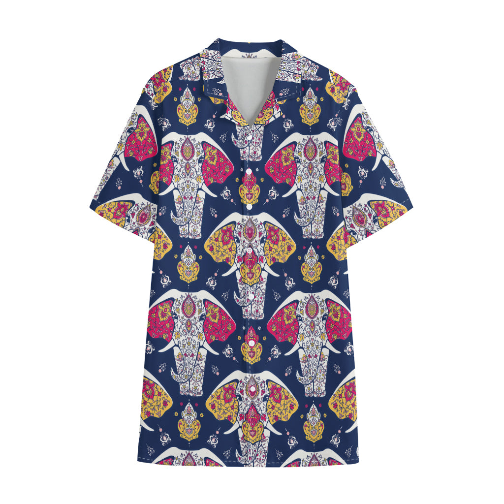 Indian Floral Elephant Pattern Print Cotton Hawaiian Shirt