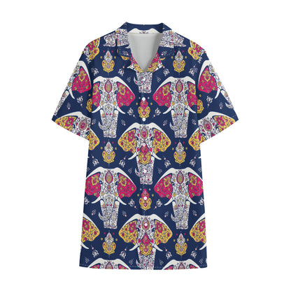 Indian Floral Elephant Pattern Print Cotton Hawaiian Shirt