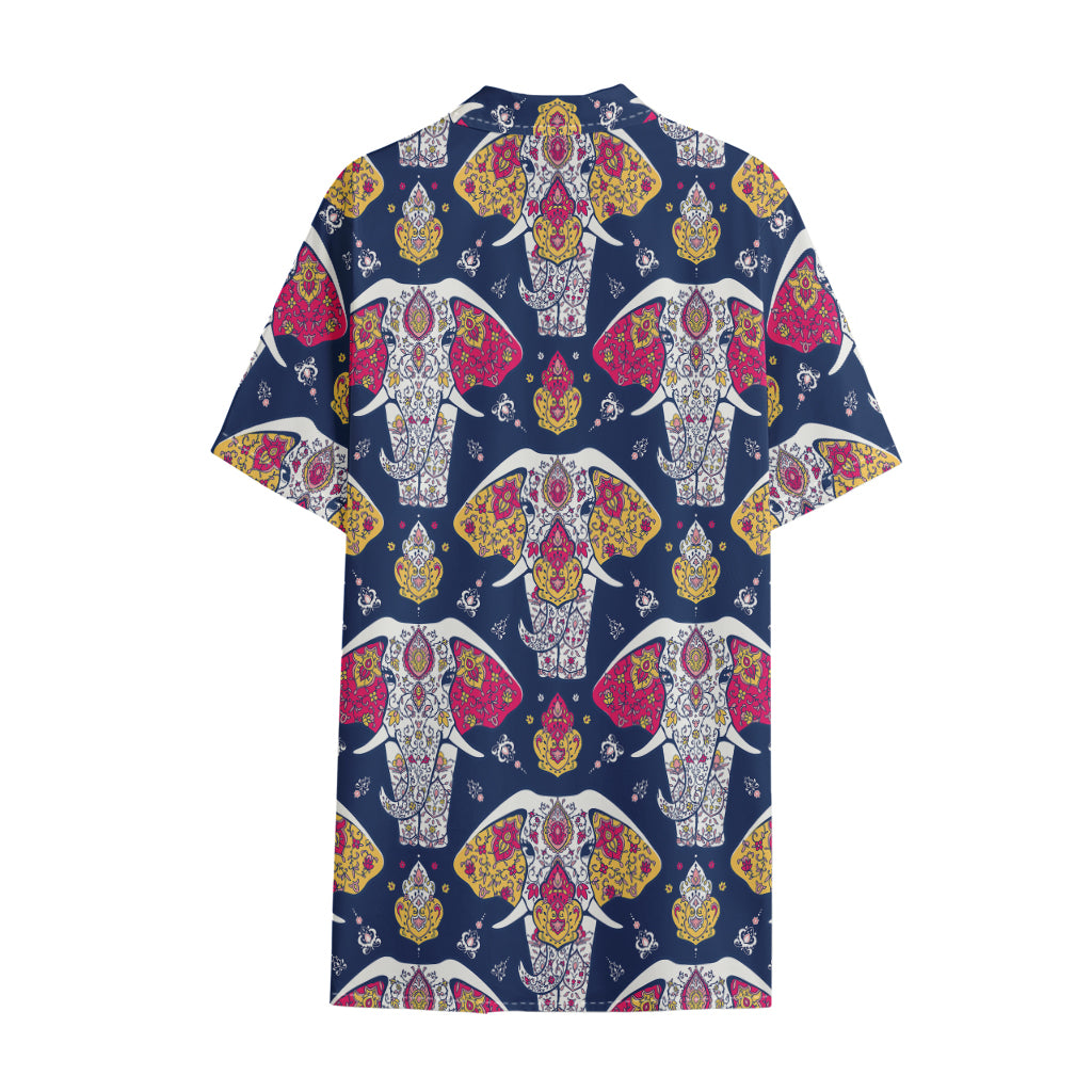 Indian Floral Elephant Pattern Print Cotton Hawaiian Shirt