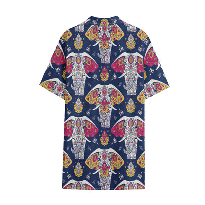 Indian Floral Elephant Pattern Print Cotton Hawaiian Shirt