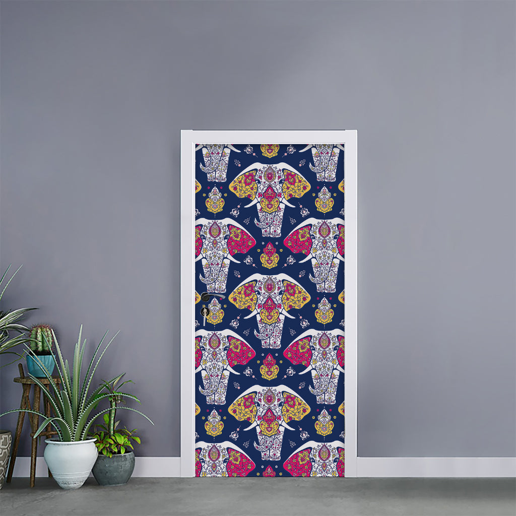 Indian Floral Elephant Pattern Print Door Sticker