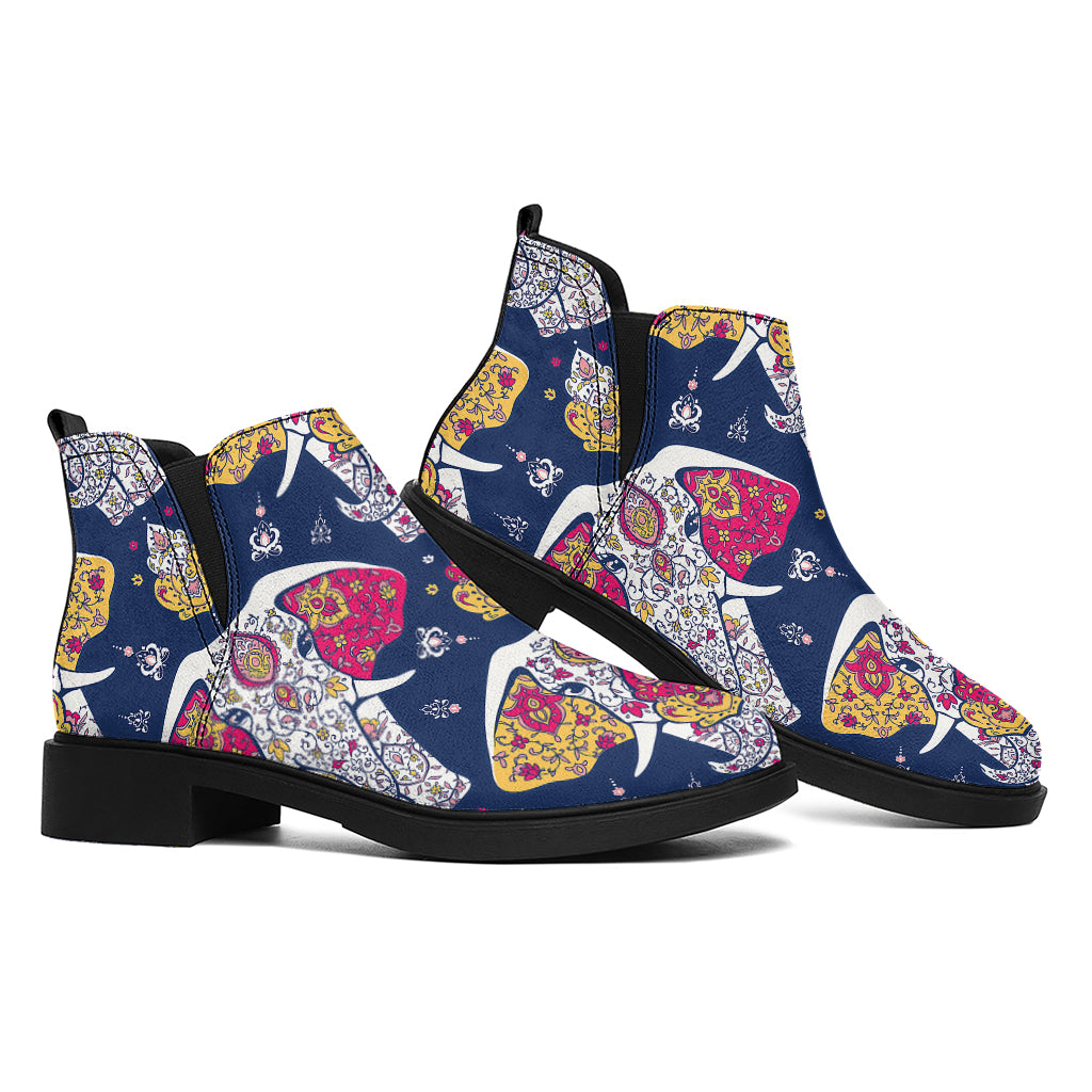 Indian Floral Elephant Pattern Print Flat Ankle Boots
