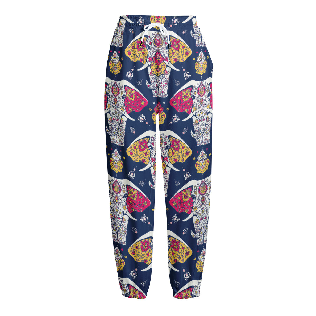 Indian Floral Elephant Pattern Print Fleece Lined Knit Pants