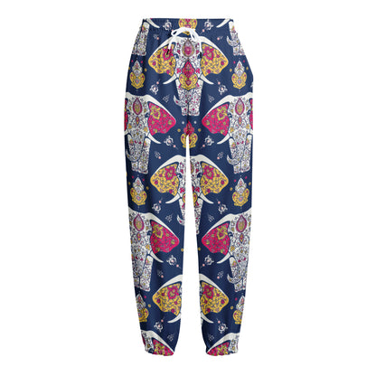 Indian Floral Elephant Pattern Print Fleece Lined Knit Pants