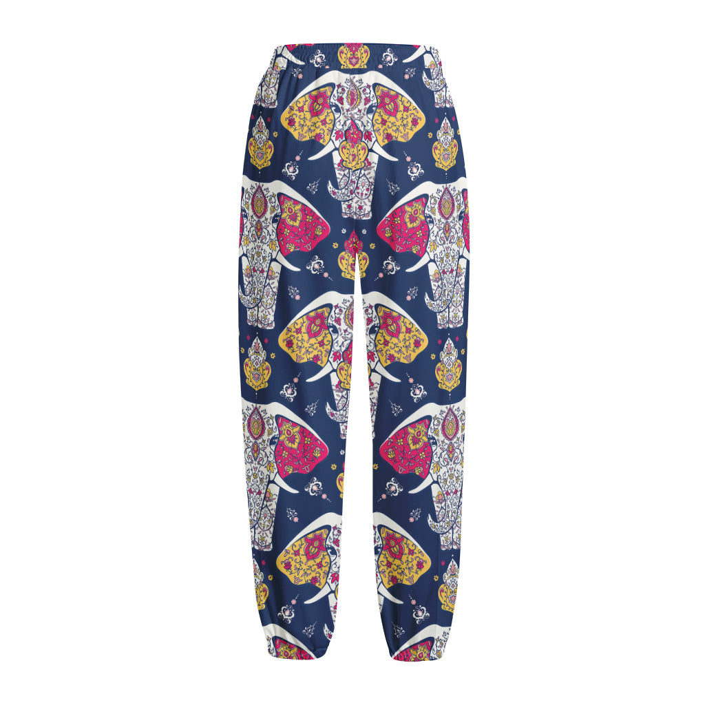Indian Floral Elephant Pattern Print Fleece Lined Knit Pants