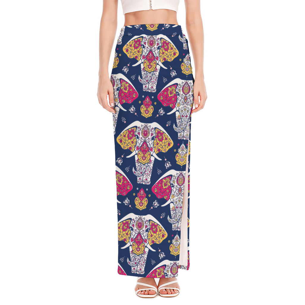 Indian Floral Elephant Pattern Print High Slit Maxi Skirt