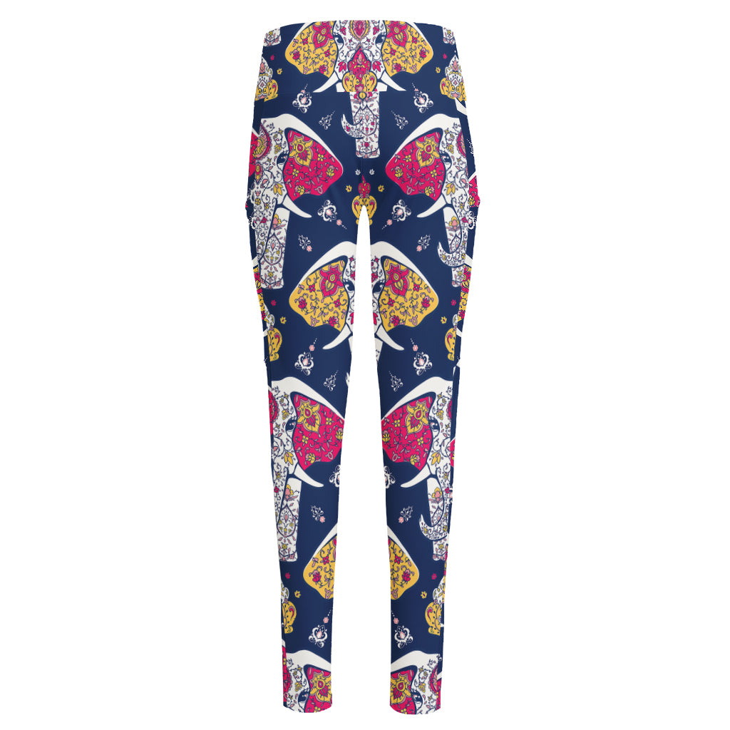 Indian Floral Elephant Pattern Print High-Waisted Pocket Leggings