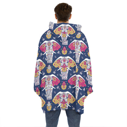 Indian Floral Elephant Pattern Print Hoodie Blanket
