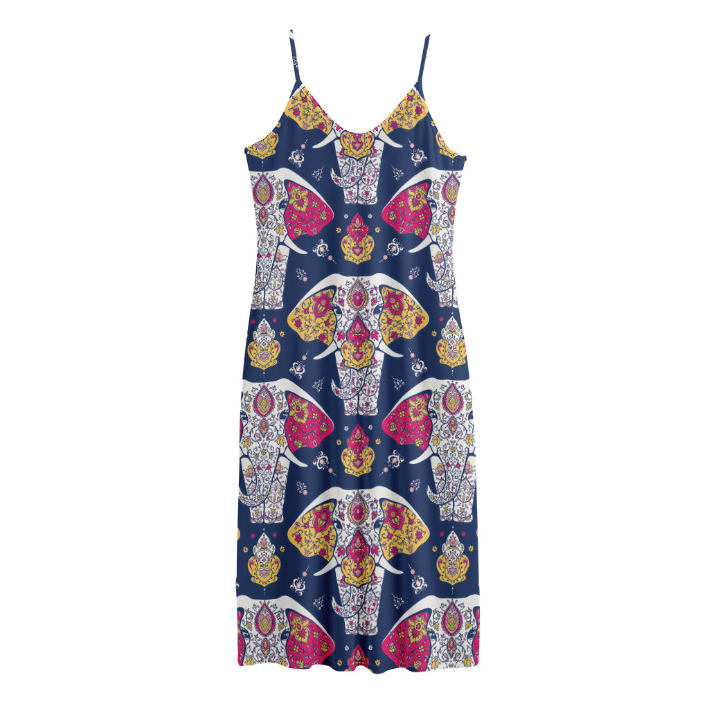 Indian Floral Elephant Pattern Print Jersey Midi Cami Dress