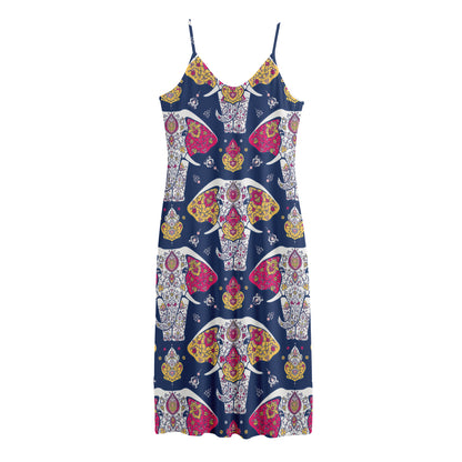Indian Floral Elephant Pattern Print Jersey Midi Cami Dress
