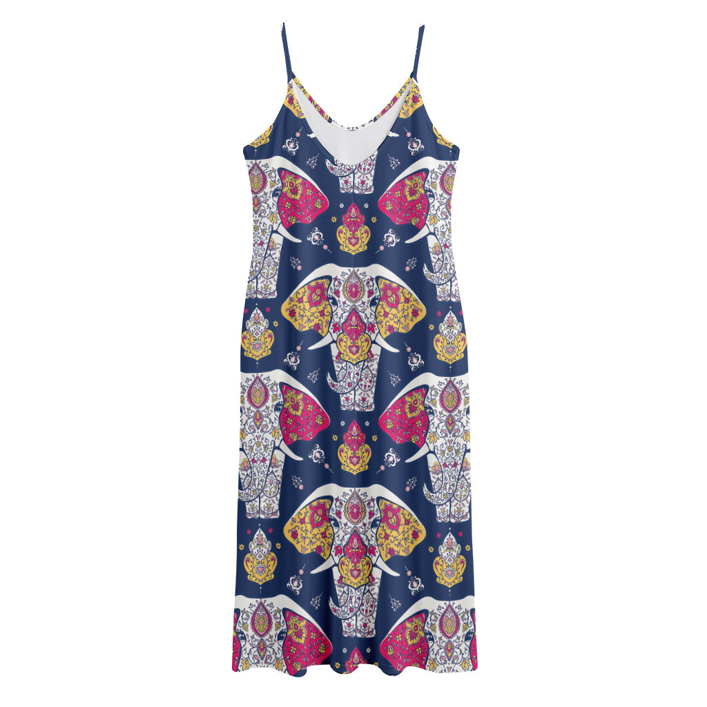 Indian Floral Elephant Pattern Print Jersey Midi Cami Dress
