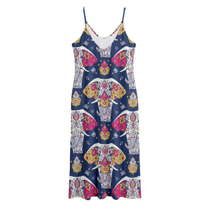 Indian Floral Elephant Pattern Print Jersey Midi Cami Dress
