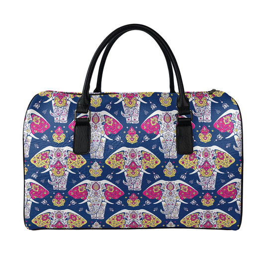 Indian Floral Elephant Pattern Print Leather Duffle Bag