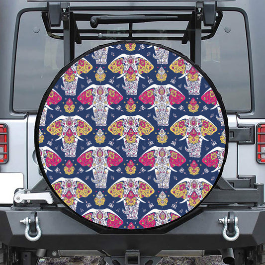 Indian Floral Elephant Pattern Print Leather Spare Tire Cover