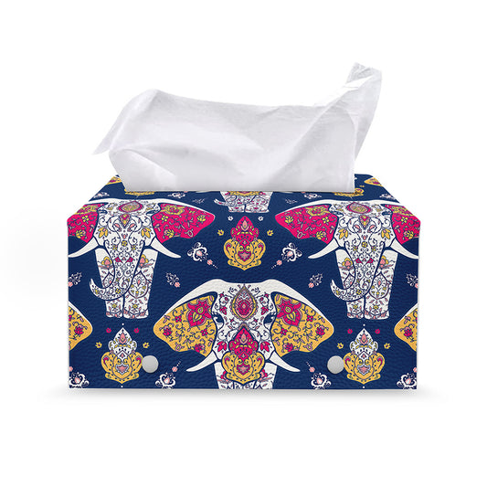 Indian Floral Elephant Pattern Print Leather Tissue Box Cover