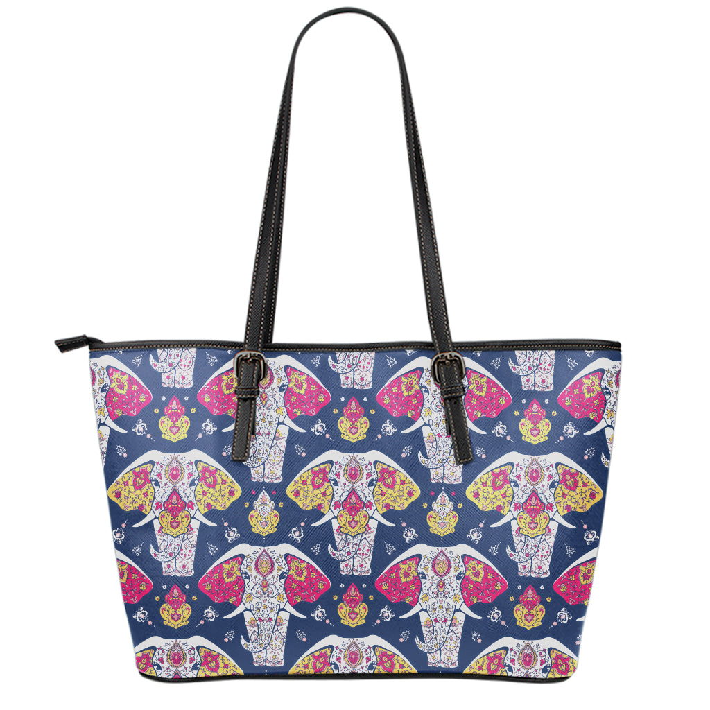 Indian Floral Elephant Pattern Print Leather Tote Bag