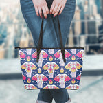 Indian Floral Elephant Pattern Print Leather Tote Bag