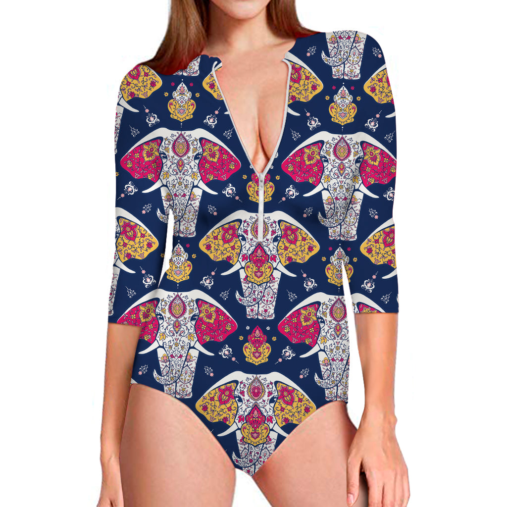 Indian Floral Elephant Pattern Print Long Sleeve Swimsuit