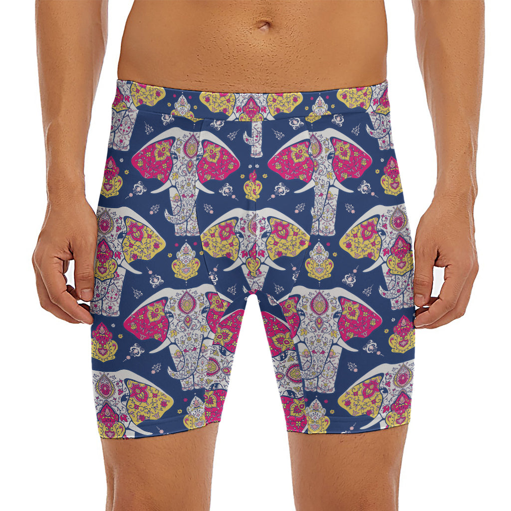 Indian Floral Elephant Pattern Print Men's Long Boxer Briefs
