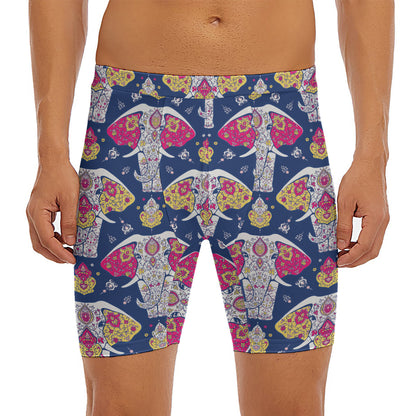 Indian Floral Elephant Pattern Print Men's Long Boxer Briefs