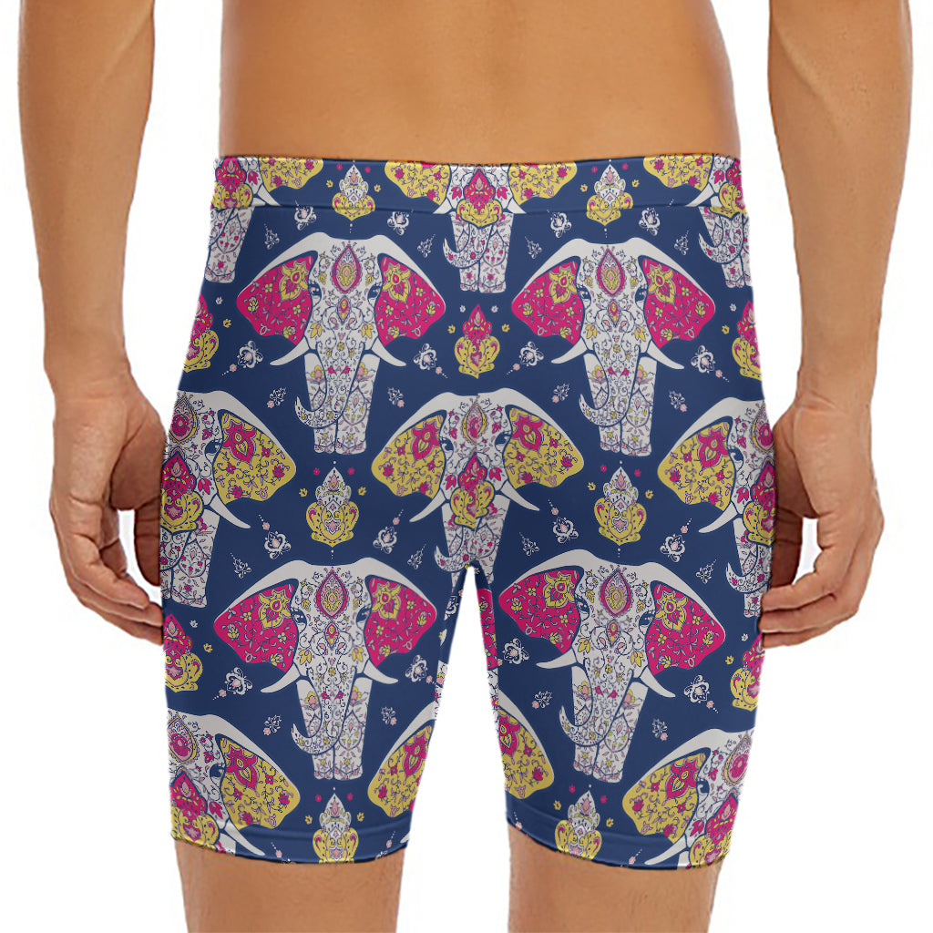 Indian Floral Elephant Pattern Print Men's Long Boxer Briefs