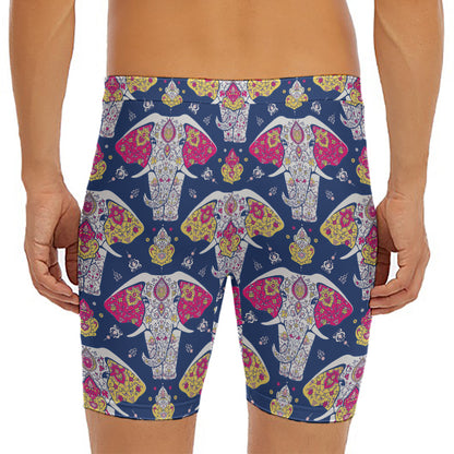 Indian Floral Elephant Pattern Print Men's Long Boxer Briefs