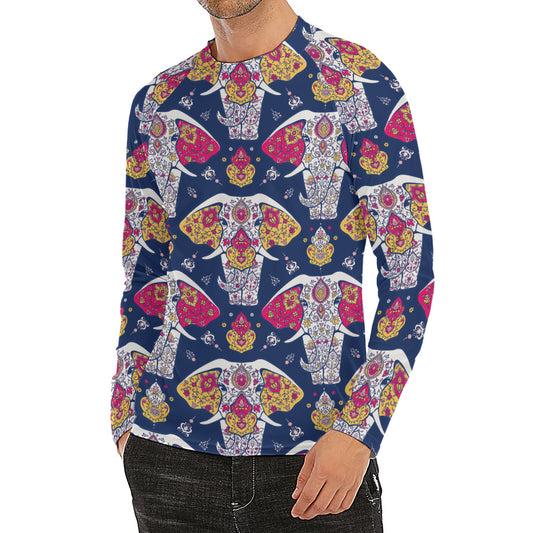 Indian Floral Elephant Pattern Print Men's Long Sleeve Rash Guard