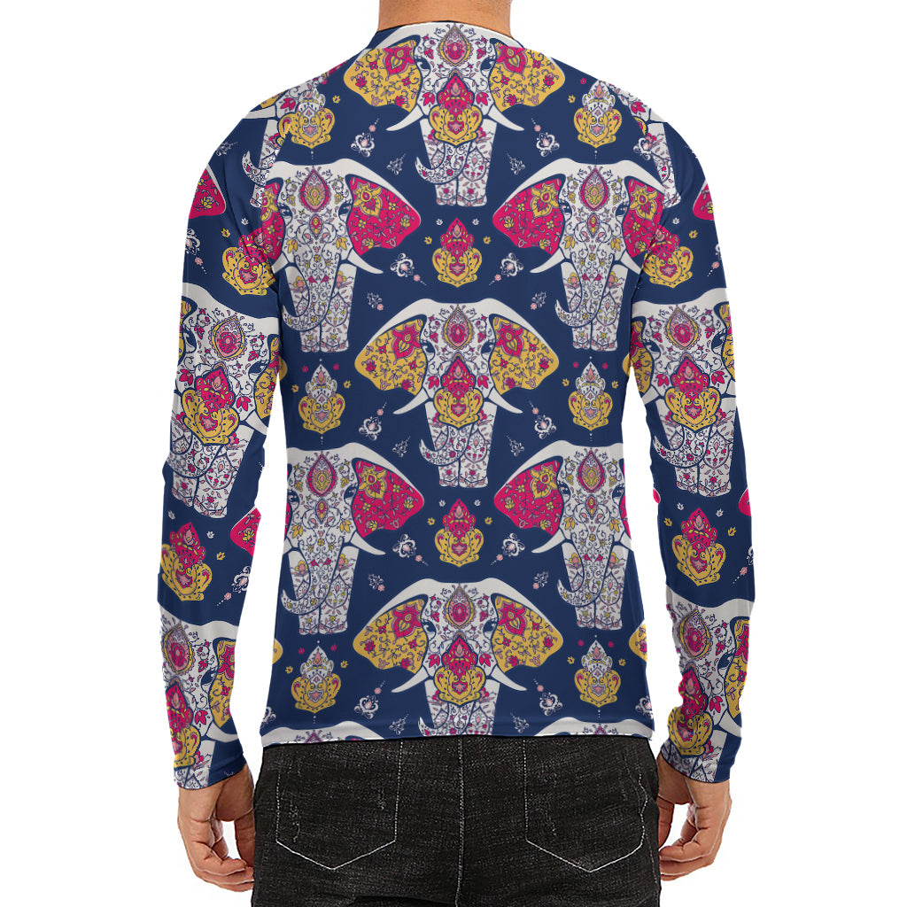 Indian Floral Elephant Pattern Print Men's Long Sleeve Rash Guard