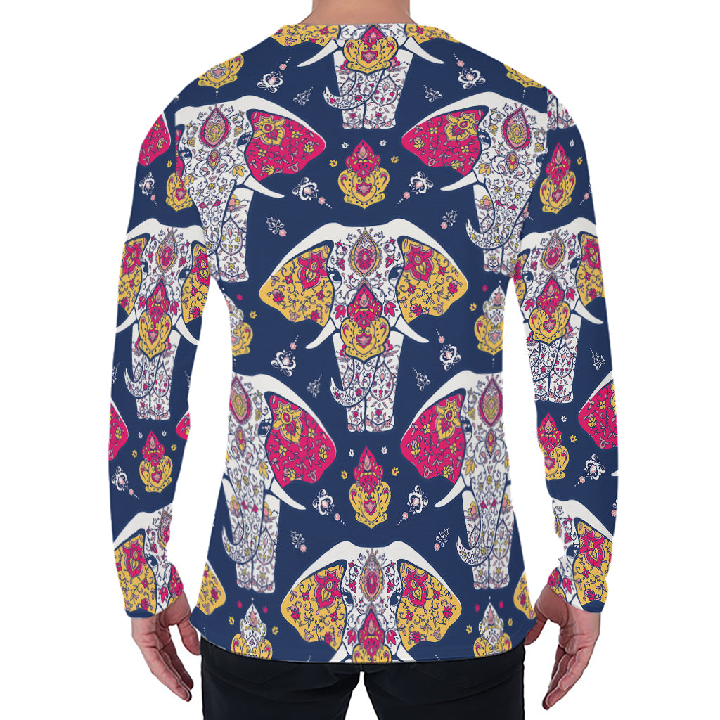 Indian Floral Elephant Pattern Print Men's Long Sleeve T-Shirt