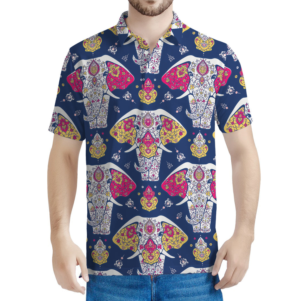 Indian Floral Elephant Pattern Print Men's Polo Shirt