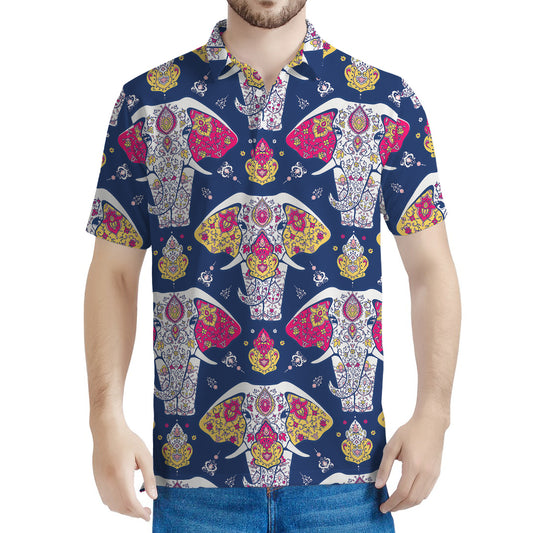 Indian Floral Elephant Pattern Print Men's Polo Shirt