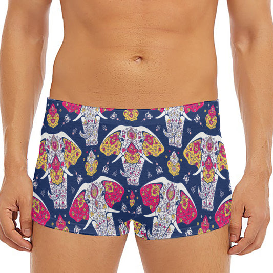 Indian Floral Elephant Pattern Print Men's Short Boxer Briefs