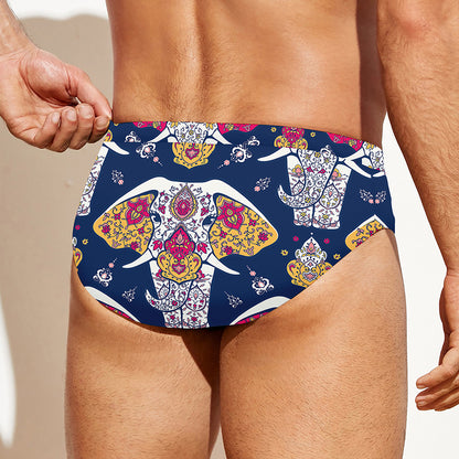 Indian Floral Elephant Pattern Print Men's Swim Briefs