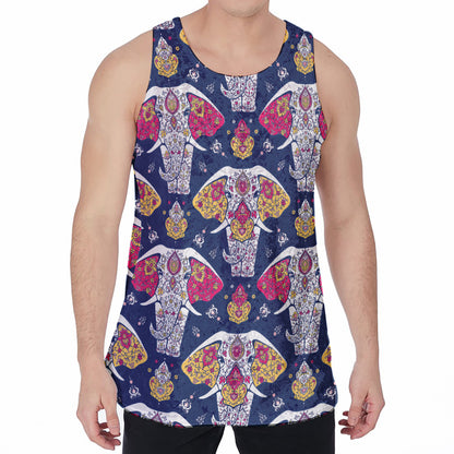 Indian Floral Elephant Pattern Print Men's Velvet Tank Top