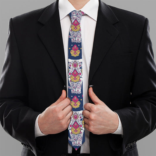 Indian Floral Elephant Pattern Print Necktie