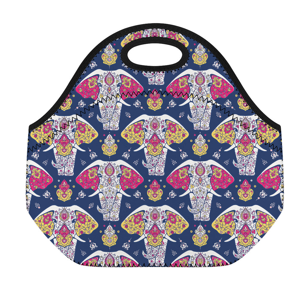 Indian Floral Elephant Pattern Print Neoprene Lunch Bag