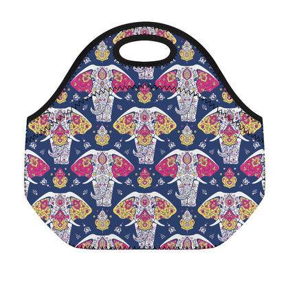 Indian Floral Elephant Pattern Print Neoprene Lunch Bag