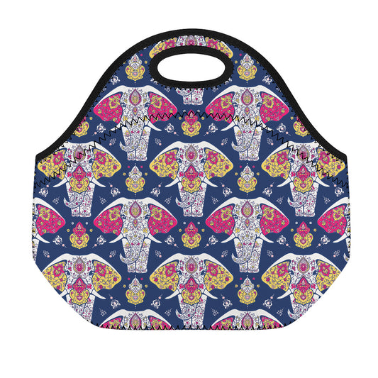 Indian Floral Elephant Pattern Print Neoprene Lunch Bag