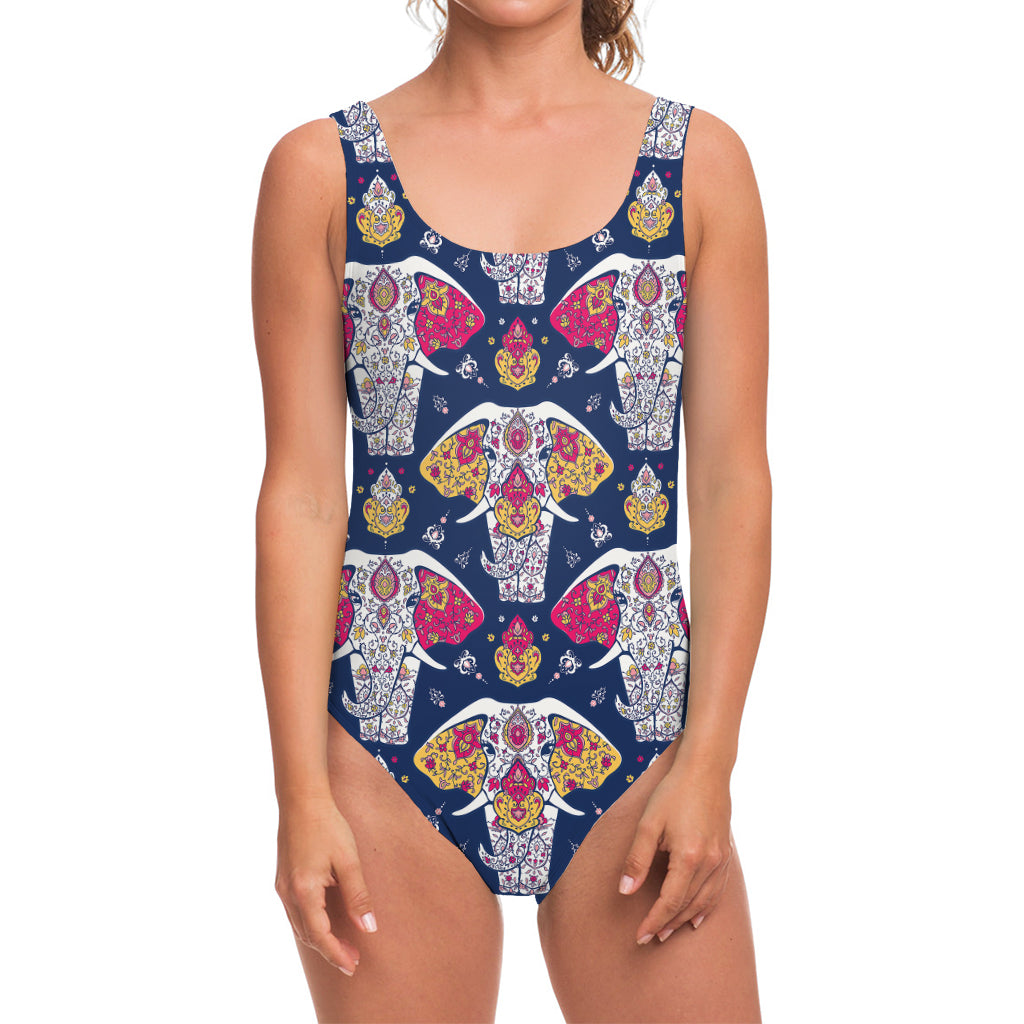 Indian Floral Elephant Pattern Print One Piece Swimsuit