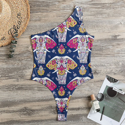 Indian Floral Elephant Pattern Print One Shoulder Bodysuit