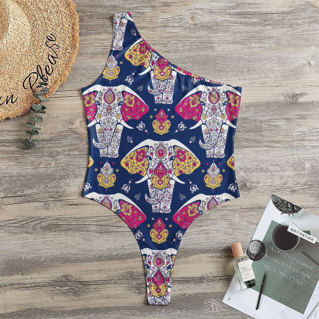Indian Floral Elephant Pattern Print One Shoulder Bodysuit