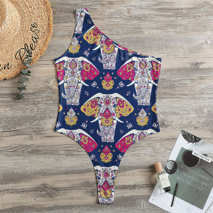 Indian Floral Elephant Pattern Print One Shoulder Bodysuit