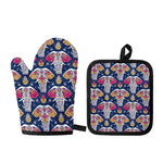 Indian Floral Elephant Pattern Print Oven Mitt And Pot Holder Set