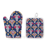 Indian Floral Elephant Pattern Print Oven Mitt And Pot Holder Set
