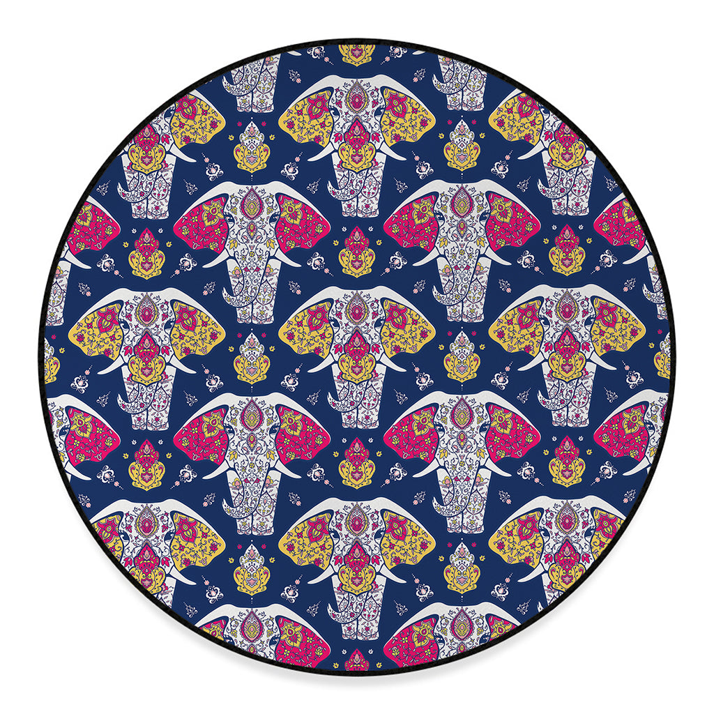 Indian Floral Elephant Pattern Print Round Floor Mat