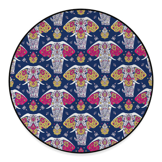 Indian Floral Elephant Pattern Print Round Floor Mat