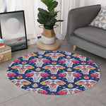 Indian Floral Elephant Pattern Print Round Rug