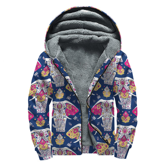 Indian Floral Elephant Pattern Print Sherpa Lined Zip Up Hoodie