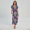 Indian Floral Elephant Pattern Print Short Sleeve Maxi Dress