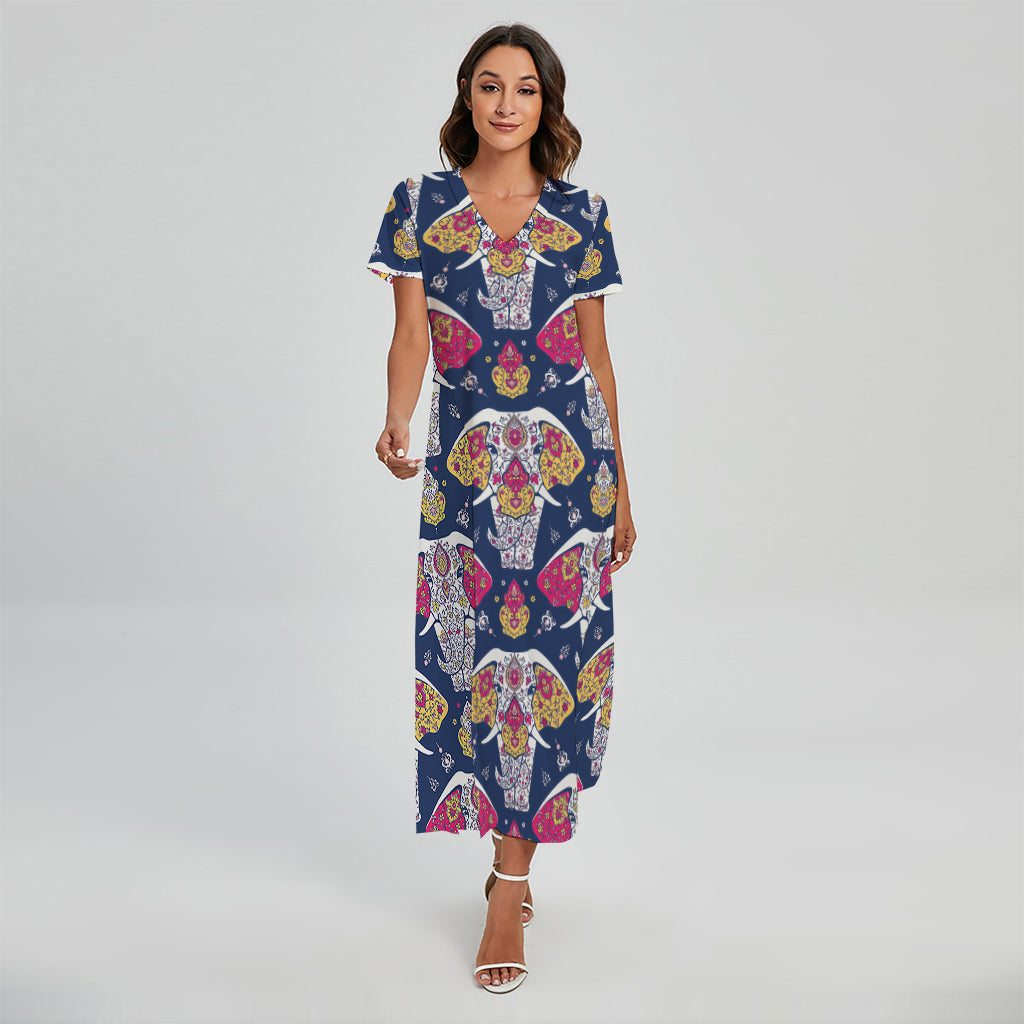 Indian Floral Elephant Pattern Print Short Sleeve Maxi Dress